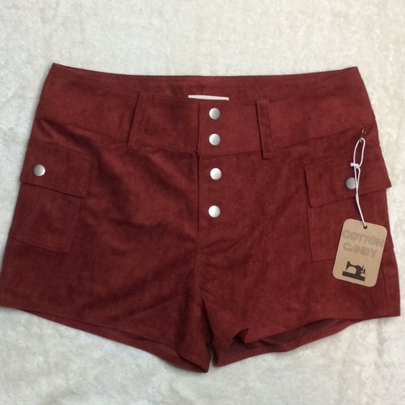 Cotton Candy Red Suede w Gold Button Shorts Medium - Picture 2 of 5